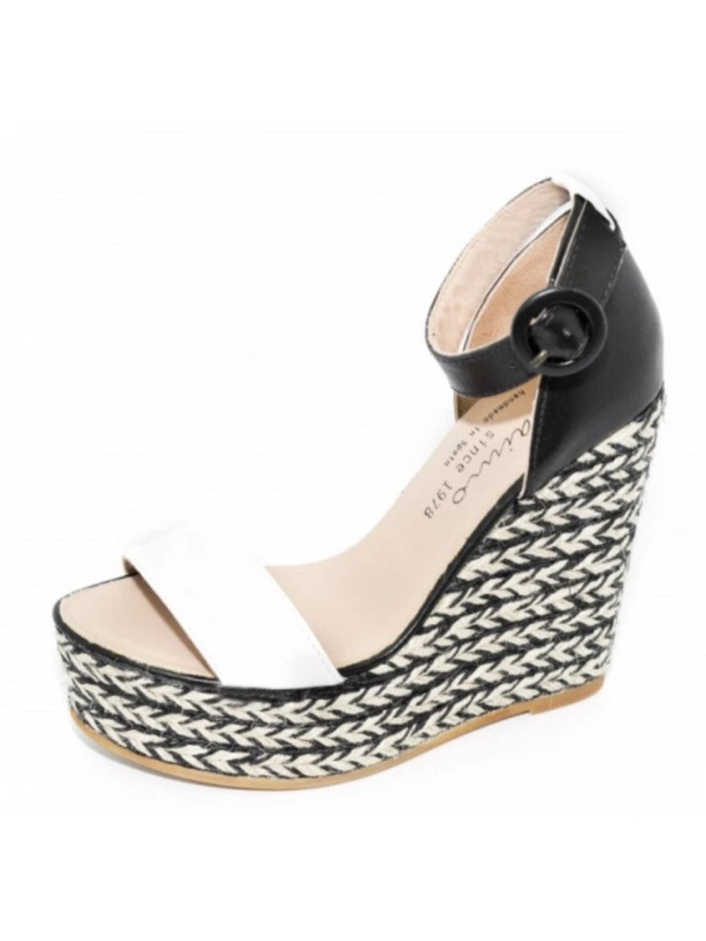 Two-Tone White & Black Braided Wedge Sandal with Ankle Strap